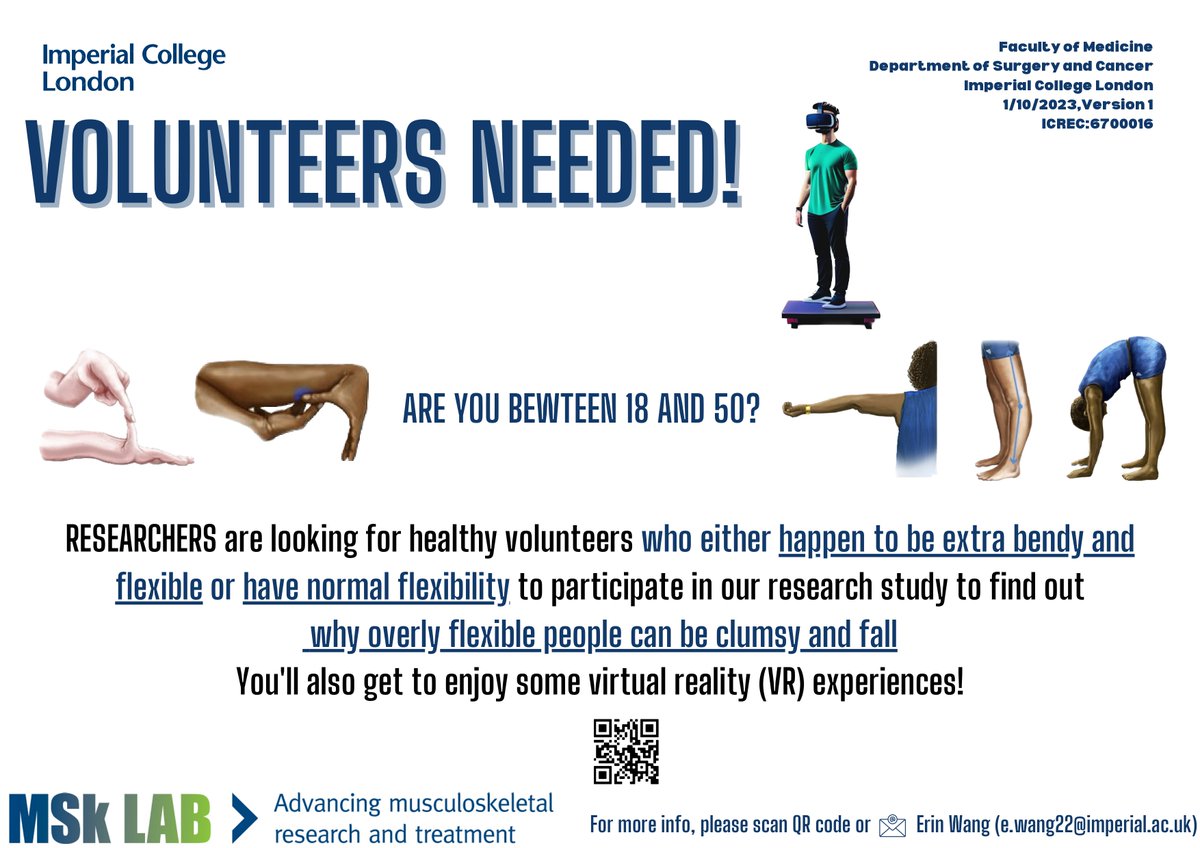 MSk Lab (@msklab1) on Twitter photo We need #flexible #volunteers for a study on why very flexible people might be clumsy and fall. For more information, email Erin (ew522@ic.ac.uk) or to take part,✍️complete this form: forms.gle/ipGgWuNBbaKg52…. #healthyvolunteers #balance #flexibility #London #dancers #gymnasts #VR We need #flexible #volunteers for a study on why very flexible people might be clumsy and fall. For more information, email Erin (ew522@ic.ac.uk) or to take part,✍️complete this form: forms.gle/ipGgWuNBbaKg52…. #healthyvolunteers #balance #flexibility #London #dancers #gymnasts #VR