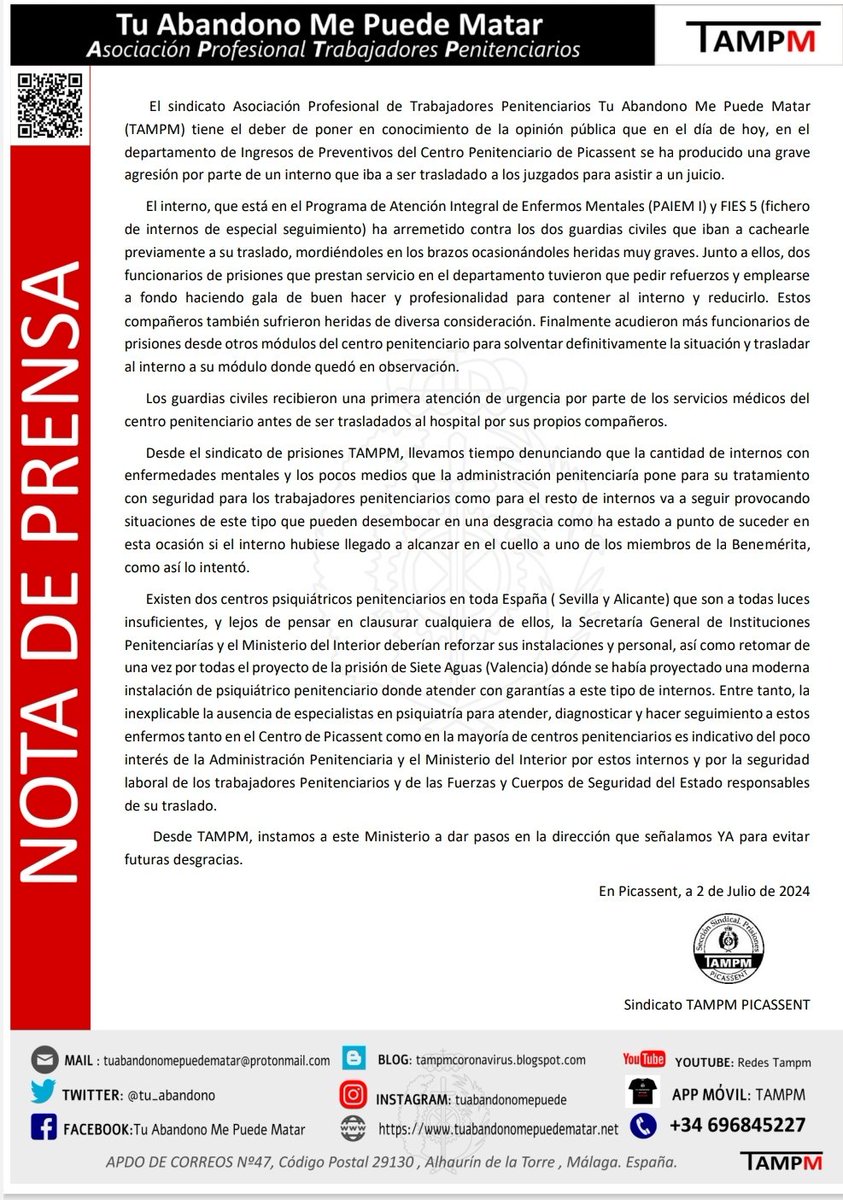 🗣️ SALVAJE AGRESIÓN en CP Picassent. 
Un interno ataca a mordiscos a 3  <a href="/guardiacivil/">Guardia Civil</a> que iban a trasladarlo al Juzgado.
Los funcionarios de #sosprisiones de Ingresos intervienen para poder reducir al interno. 
Urge que <a href="/IIPPGob/">Instituciones Penitenciarias</a>  dote de medios para evitar agresiones 
#TAMPM