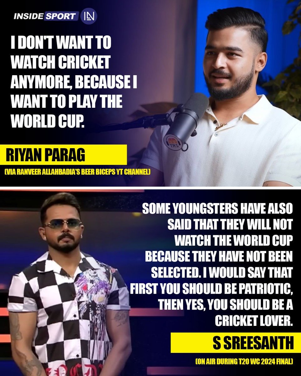 InsideSportIND's tweet image. Sreesanth slams Riyan Parag amid controversial statement of not watching T20 World Cup.

#T20WordCup #Sreesanth #RiyanParag #CricketTwitter