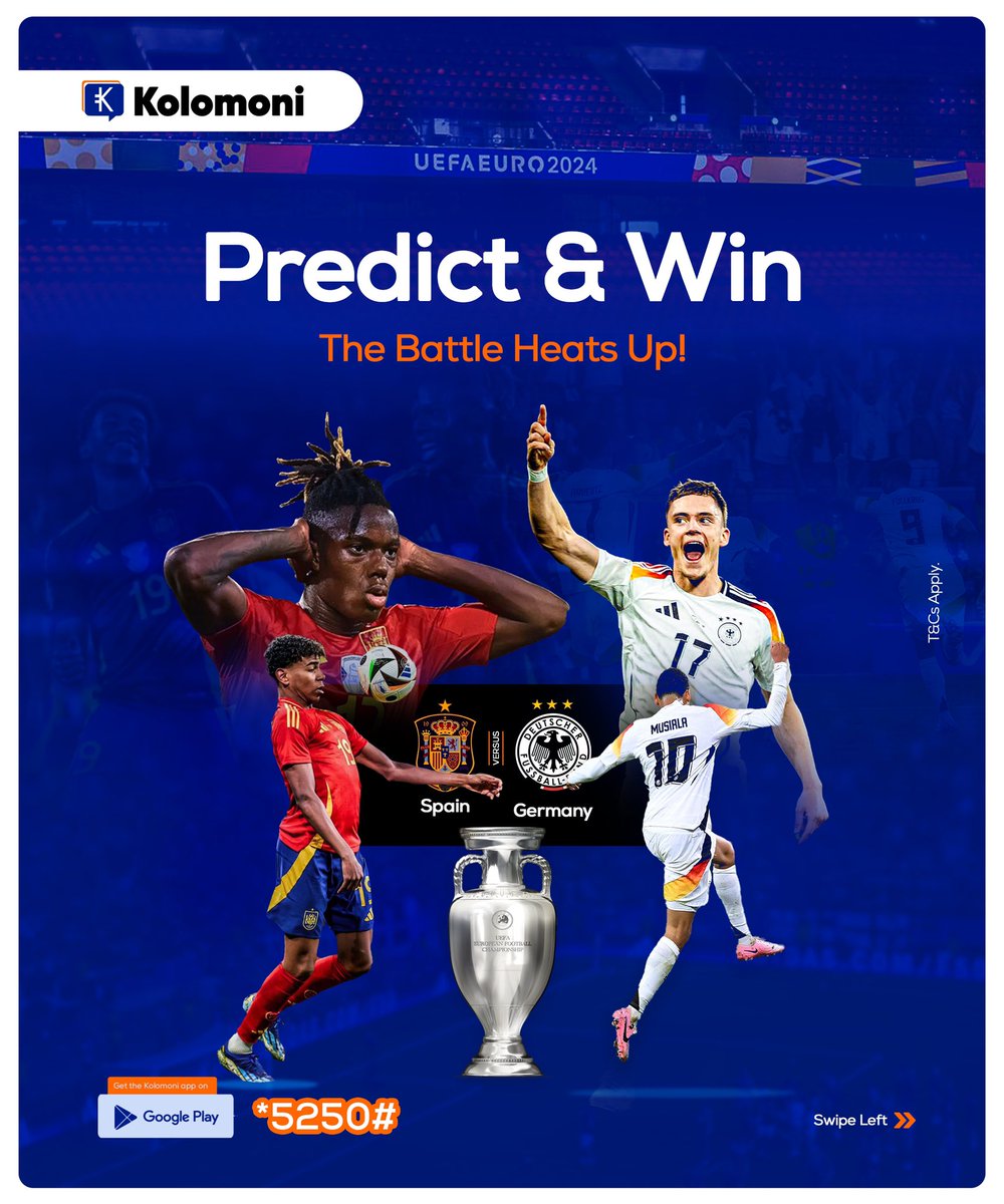 Kolomoni_ng's tweet photo. Predict. Win.🏆️⚽️ Kolomoni’s got prizes worth ₦10,000 up for grabs!
Predict the Spain 🇪🇸vs Germany 🇩🇪 score, follow us everywhere, and tag two friends to win big!🤩
Don’t miss out! ⏳
T&Cs Apply‼️
#PredictAndWin #euro2024 https://t.co/V02T5F1oJ0