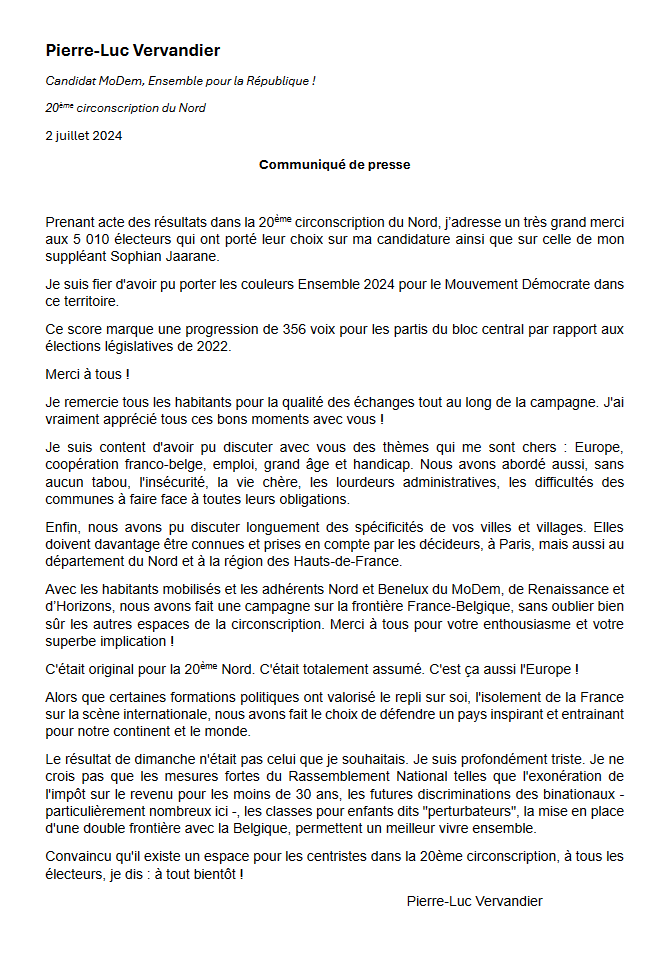 Merci aux 5010 électeurs 🗳️qui m'ont accordé leur confiance le 30 juin après une campagne éclair. 
Merci pour la qualité des échanges ; que de belles rencontres ! 
Oui, nous pouvons parler de vivre ensemble et d'Europe en positif dans la #Circo5920!🙂
Je vous dis à tout bientôt !