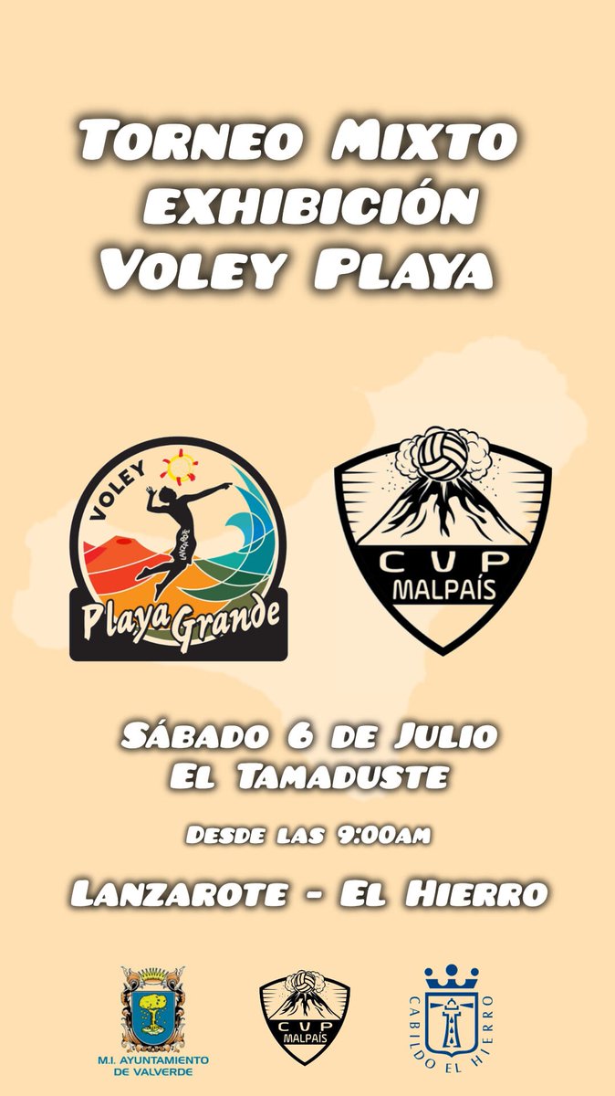 TORNEO AMISTOSO DE VOLEY PLAYA 2024 

🏐 El Ayuntamiento de Valverde, a través de su Concejalía de Deportes conjuntamente con el Club de Voley Playa Malpaís del municipio de Valverde organizan un Torneo Amistoso de Voley Playa 2024.

👇🏼👇🏼
facebook.com/share/p/rysQoJ…