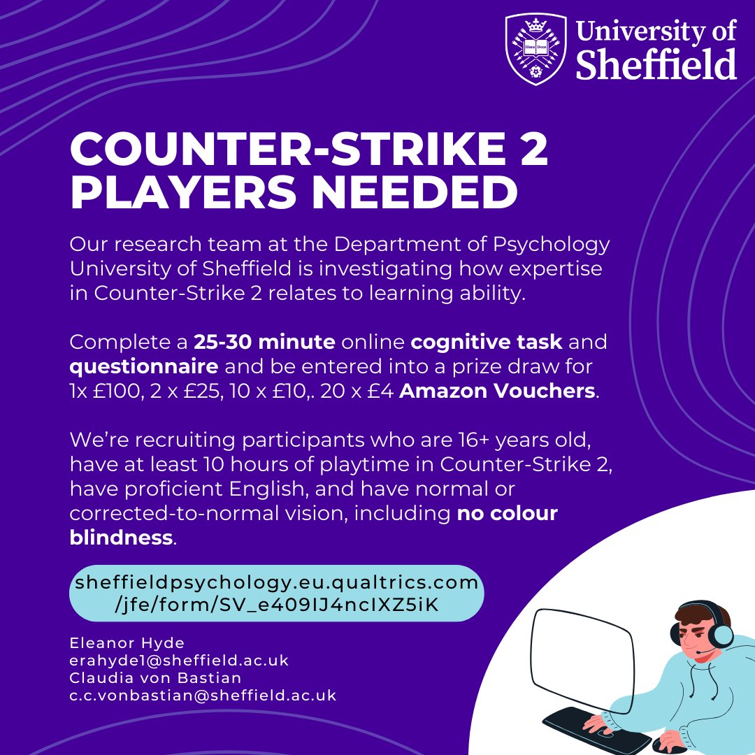 📢<a href="/CounterStrike/">CS2</a> players needed for research🧠

Complete a 25-30 minute online task and questionnaire to be entered into a prize draw for an #AmazonGiftCard 💸

Read more and take part here: sheffieldpsychology.eu.qualtrics.com/jfe/form/SV_e4…

#CounterStrike #CounterStrike2 #CS2 #CS2Giveaway 
#CSGO