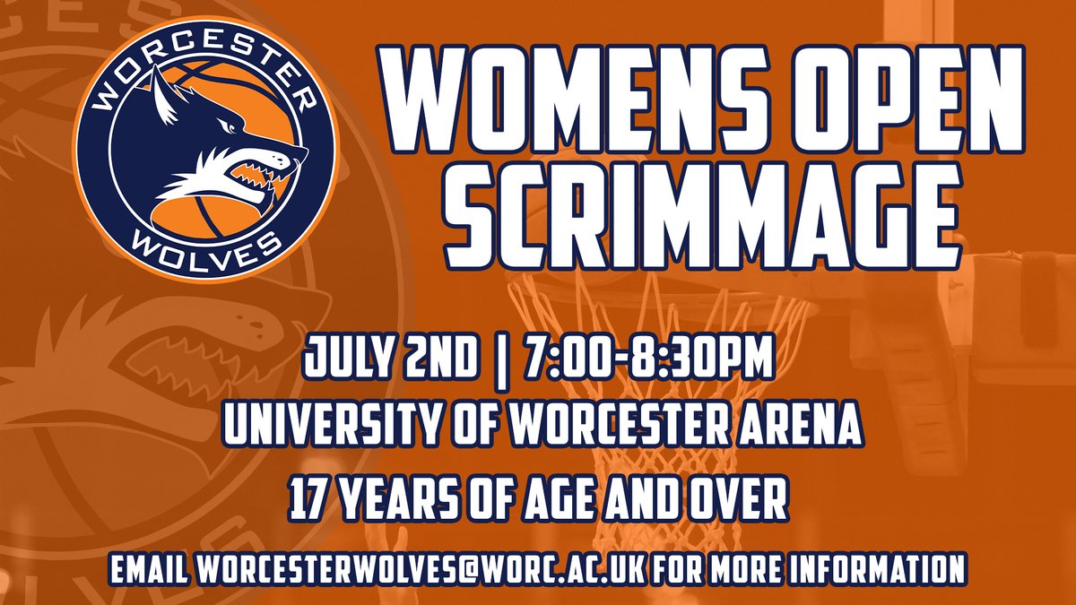 Worcester Wolves Women’s Basketball Team (@wnblwolves) on Twitter photo 🏀WOMENS OPEN SCRIMMAGE TONIGHT🏀
We are hosting another women's open scrimmage at the University of Worcester Arena tonight from 7pm to 8.30pm. Participants must be 17 years and over.
For more details email worcesterwolves@worc.ac.uk
#WolfPack #Scrimmage #WomensBasketball 🏀WOMENS OPEN SCRIMMAGE TONIGHT🏀
We are hosting another women's open scrimmage at the University of Worcester Arena tonight from 7pm to 8.30pm. Participants must be 17 years and over.
For more details email worcesterwolves@worc.ac.uk
#WolfPack #Scrimmage #WomensBasketball