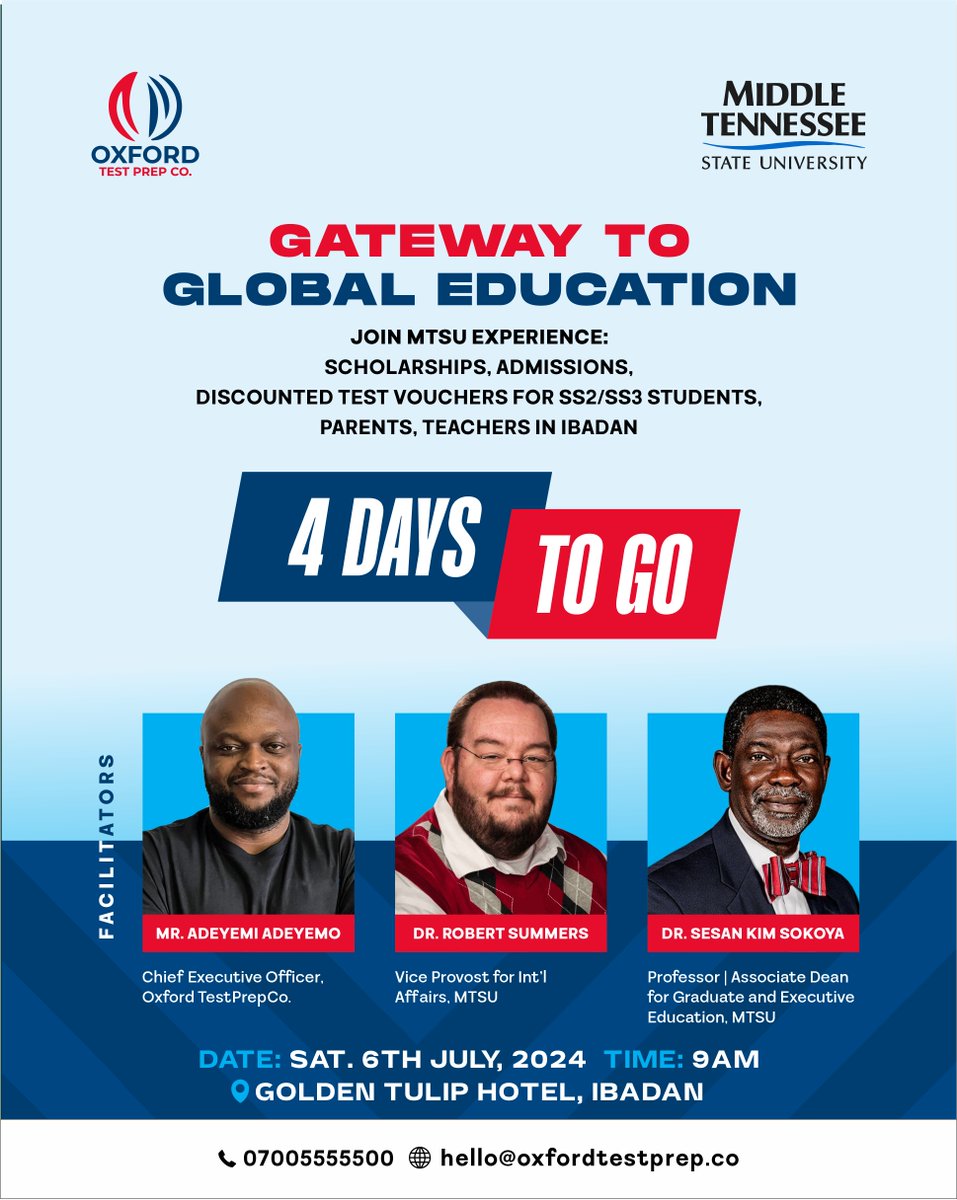 OxfordTestPrep's tweet image. Are you ready for the biggest study in the USA education symposium? 

Date: 6th July, 2024
Venue: Oduduwa Hall, Golden Tulip Hotel, Jericho, Ibadan
Time: 9am

#OTPC #studyfair #studyabroad #IELTS #SAT #StudyintheUSA