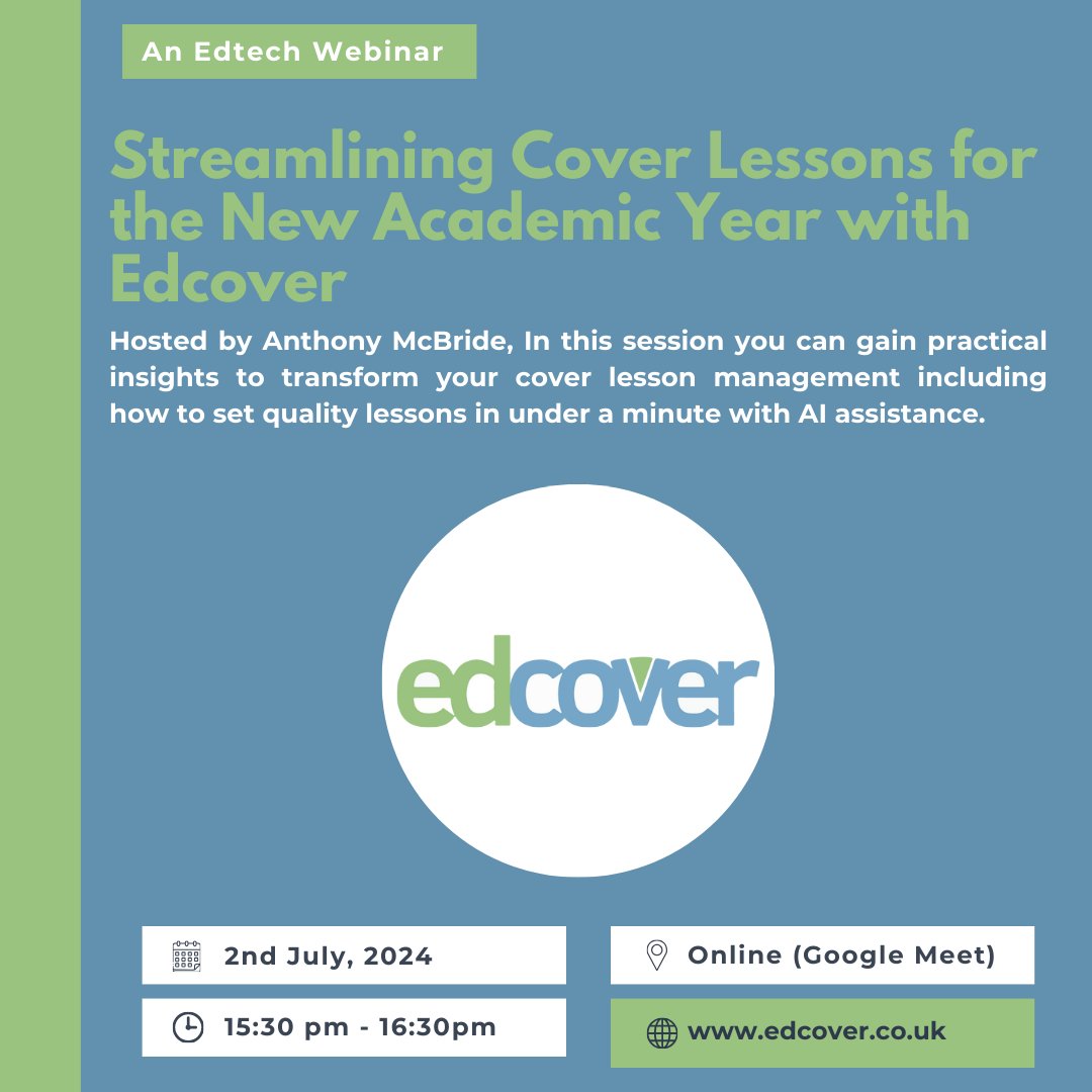 Edcover1's tweet photo. Join us this afternoon for our final webinar of this school year!
2nd July | 15:30 | Google Meet
During the session we will explore how edcover has become ‘How we do Cover’ for a growing number of schools.
Get your FREE Ticket at https://t.co/b9JbUvIFKo
#EdTech #Teaching #Webinar https://t.co/SBo6F7b3gg