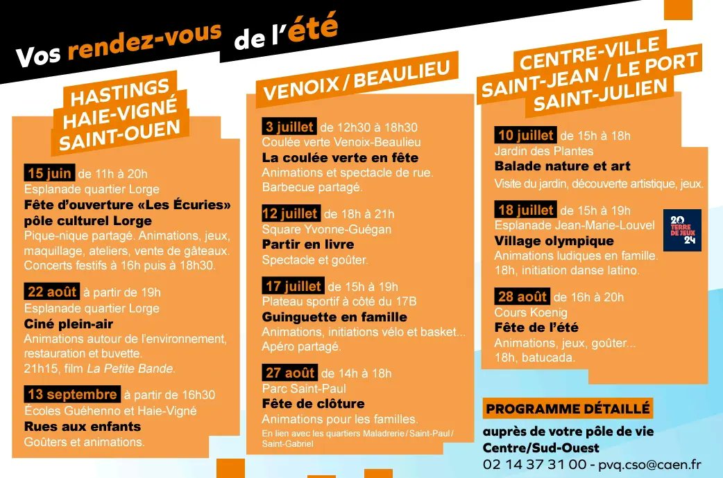 😎 Programmation des animations Mon Quartier d'Eté pour les quartiers centre sud-ouest
#animation 
#caen