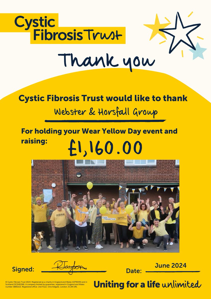 TyseleyEnergy's tweet photo. Amazing Fundraising for Cystic Fibrosis! 🌟💛
We’re thrilled to announce that we’ve raised a total of £4,160 this year for the @cftrust, our chosen charity this year! Our efforts included a fantastic Wear Yellow Day, and David Horsfall's running the Edinburgh Marathon. https://t.co/seTcbfCCe6