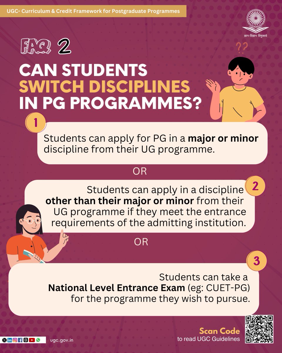 ugc_india's tweet photo. How can students switch disciplines in their PG Programmes?

Students can now explore their options with the UGC Guidelines on Curriculum and Credit Framework for Postgraduate Programmes.

Read more 👉https://t.co/dTJ4T4kPhc

#UGC #PG #UG #PostgraduateProgramme #Students #Education #Research #PGProgramme