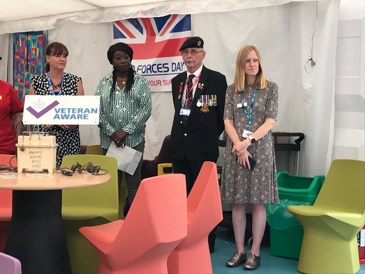 SussexAFN's tweet photo. Our Director Kate joined colleagues @DarentValleyHsp for their first #ArmedForcesDay event for staff, having recently achieved their #VeteranAware accreditation. Thanks to all involved. Great to see reps from the wider AFC @CareforVeteran @rbli #AFVBC 👏👏👏 https://t.co/8K338p4jWN