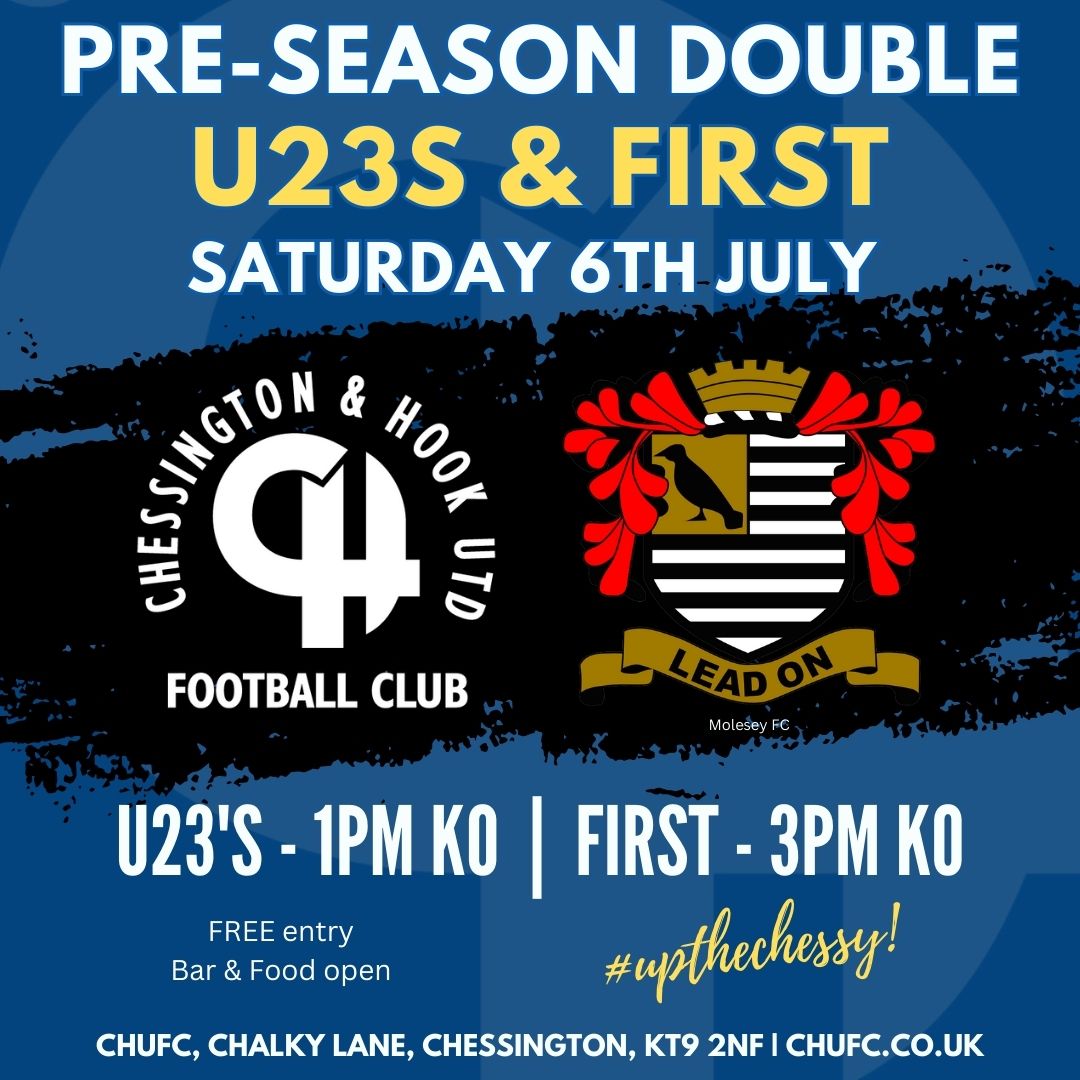 This Saturday, pre-season double footie as the u23s and First team host Molesey FC at home. Free entry. Bar and food hut open. Come down for the afternoon and bring the kids!  u23s KO 1pm | First KO 3pm 😎 #upthechessy <a href="/molesey_fc/">Molesey Football Club</a>