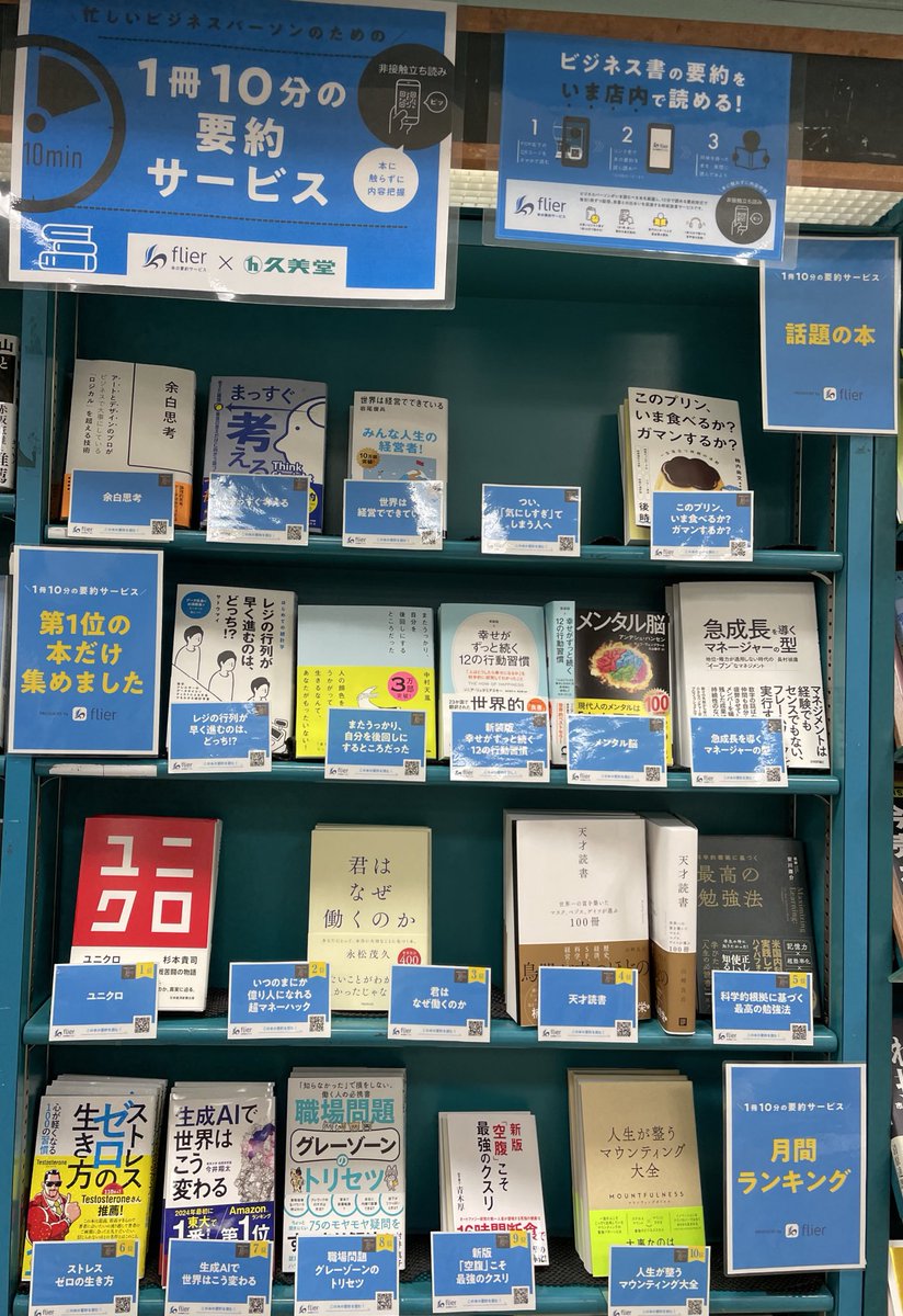 Hisamido_honten's tweet image. タイパの味方
本の要約サービスflier
のフェアを更新しました
話題の本、1位の本など、ど定番から旬な物など、コレだけは読んでおけばというラインナップで、しかもQRコードから要約が読めるから、とにかく時間が足りない、惜しいという方に是非お試し下さい

#flier
#本の要約
#タイパ