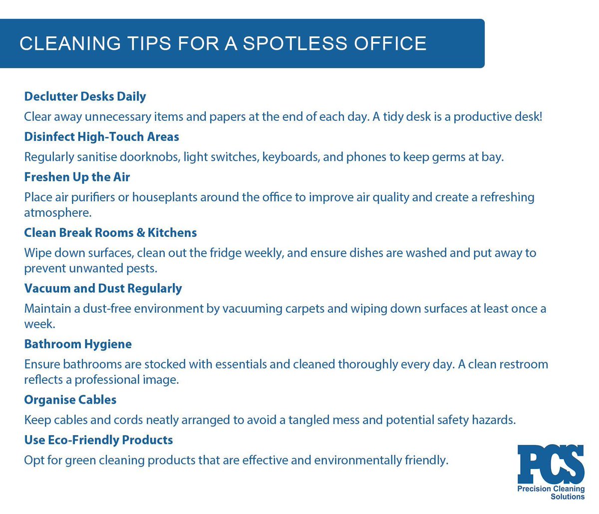 A clean office not only boosts productivity but also promotes a healthy work environment. Here are some tips to keep your workspace sparkling. 

Need a deeper clean? Contact us for professional office cleaning services!
buff.ly/3qpOnbS 

#OfficeCleaning #CleanWorkspace
