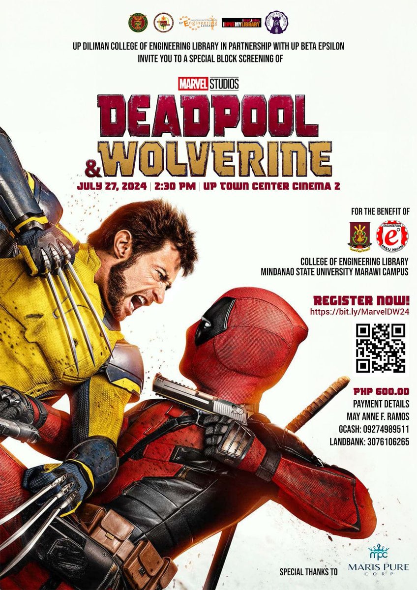 engglib's tweet photo. Let us COME TOGETHER and witness the reunion of the most mismatched team up of the year.

Secure  seats by filling out this form:
📷 https://t.co/x5pumrsiUt

This fundraising activity, made possible in partnership with UP Beta Epsilon.
#DeadpoolAndWolverine
#BlockScreening https://t.co/Nv6oCwn1UB