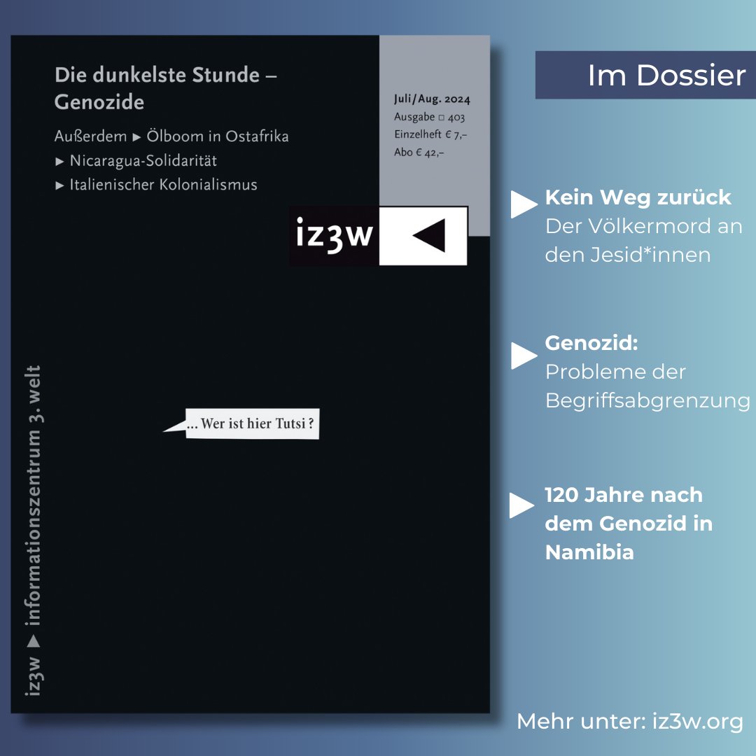 ►Der #Genozid in #Ruanda ist 30 Jahre her, der deutsche Völkermord im  heutigen #Namibia geschah vor 120 Jahren. Die Jahrestage sind Anlass  zum Gedenken – auch für unser neues Dossier. 
Jetzt bestellen: iz3w.org/printausgaben/…