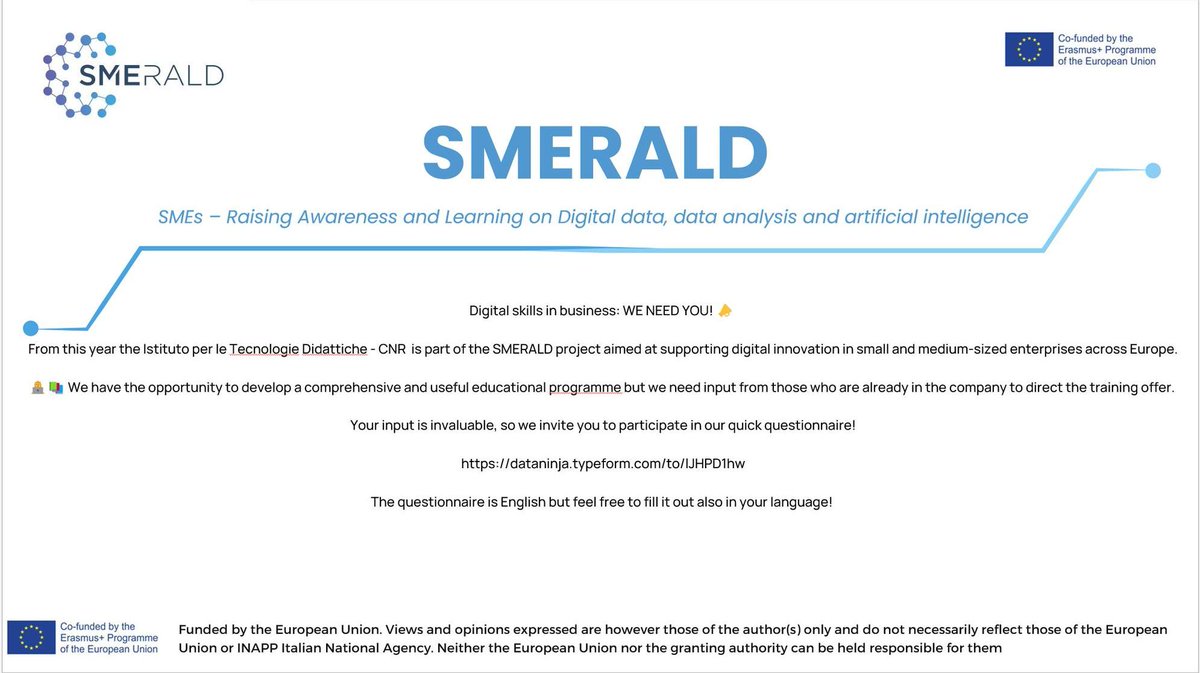 CnrItd's tweet photo. https://t.co/xoFUnLblQf
AI and Digital Data: What are the educational needs?

We  would like your input on the educational needs for digital data and AI  competencies in Europe. Your responses will help us develop tailored  educational programs and resources. https://t.co/0GLcJUkhL3