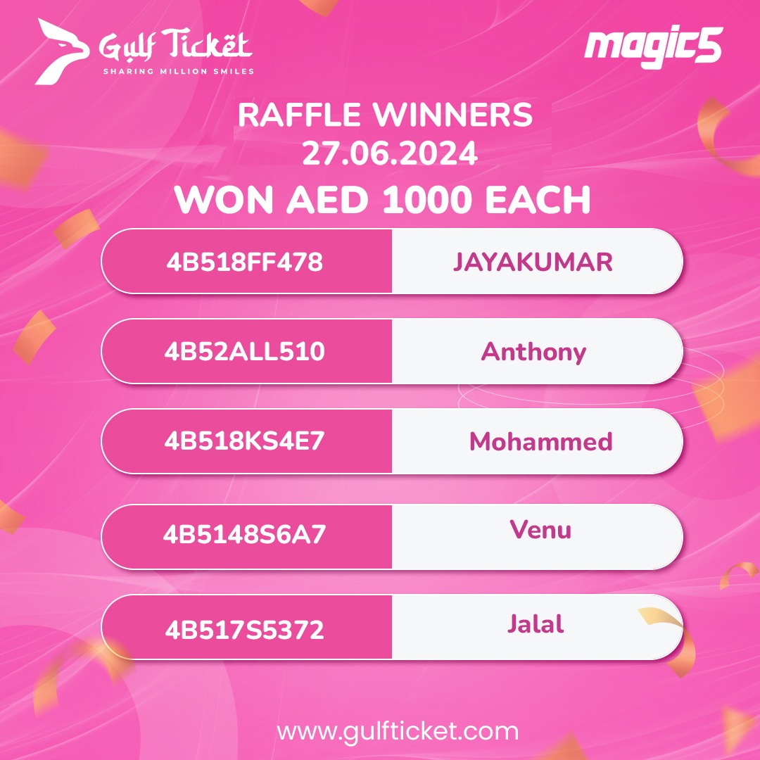 Gulfticket_ME's tweet photo. 🥳Congratulations to our Gulf Ticket's raffle winners! Enjoy your well-deserved rewards! Your fortune awaits with every ticket.🤩

#gulfticket #winningmoments #raffleprize #luckydraw #ticketmagic #celebratebig #luckystars #celebratevictory https://t.co/KVFRHQENYX