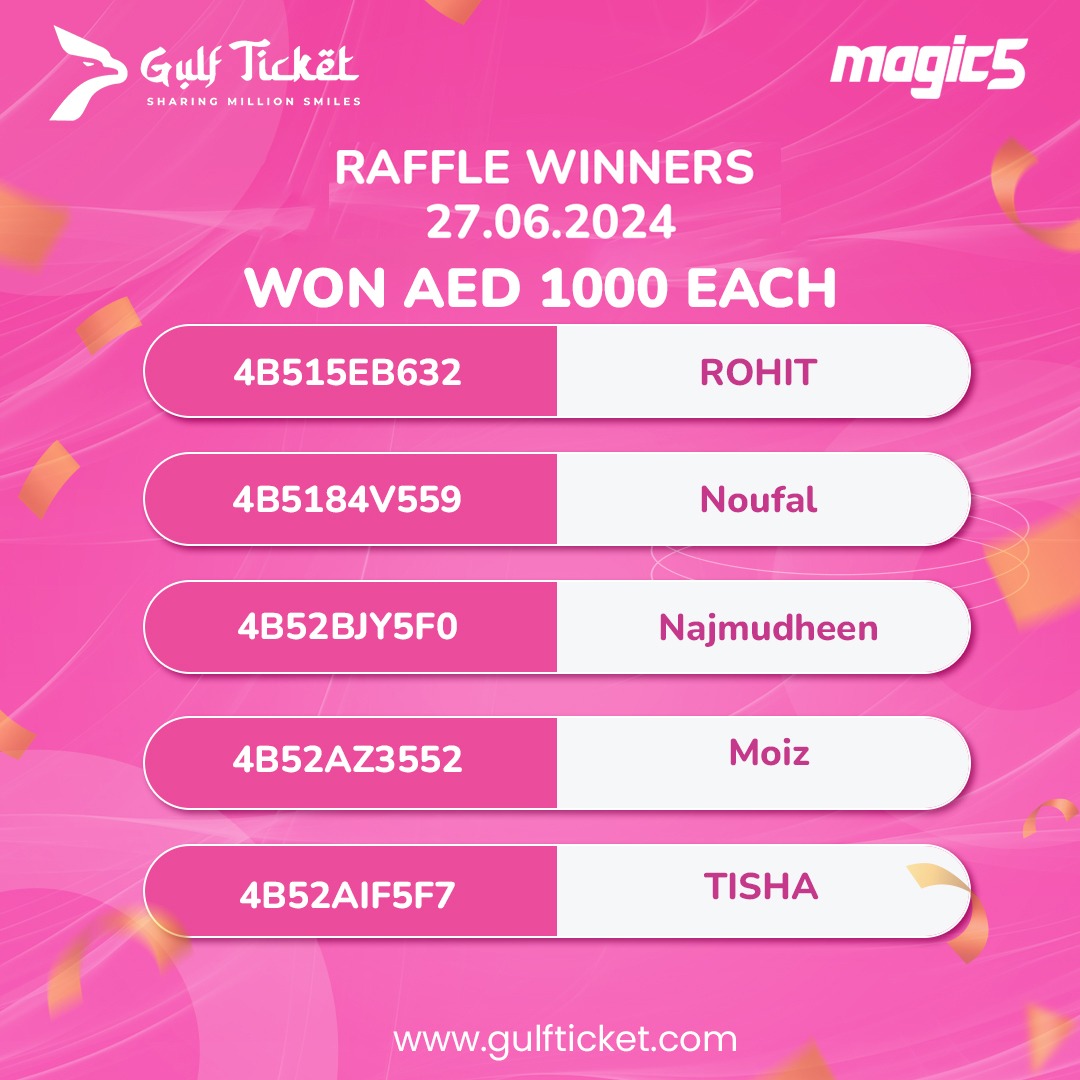 Gulfticket_ME's tweet photo. 🥳Congratulations to our Gulf Ticket's raffle winners! Enjoy your well-deserved rewards! Your fortune awaits with every ticket.🤩

#gulfticket #winningmoments #raffleprize #luckydraw #ticketmagic #celebratebig #luckystars #celebratevictory https://t.co/KVFRHQENYX