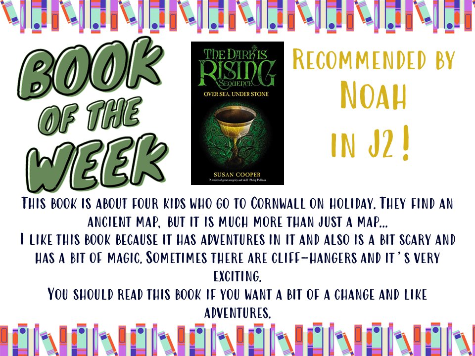 Our last #BookOfTheWeek was chosen by Noah in J2, and is the wonderfully summery but still slightly creepy "Over Sea, Under Stone" by the inimitable Susan Cooper!