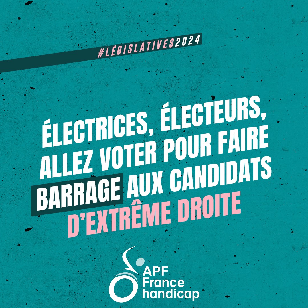 #Elections2024 #FrontRépublicain
Face à la perspective mortifère d’un gouvernement #RN, <a href="/apfhandicap/">APF France handicap</a> appelle avec <a href="/LDH_Fr/">LDH France</a> et autres orga à 1 sursaut démocratique! Ce qui se joue dépasse radicalement ce qui nous divise : le 7/07 pas une voix ne doit manquer
…ionspolitiques.apf-francehandicap.org/actualites/ens…