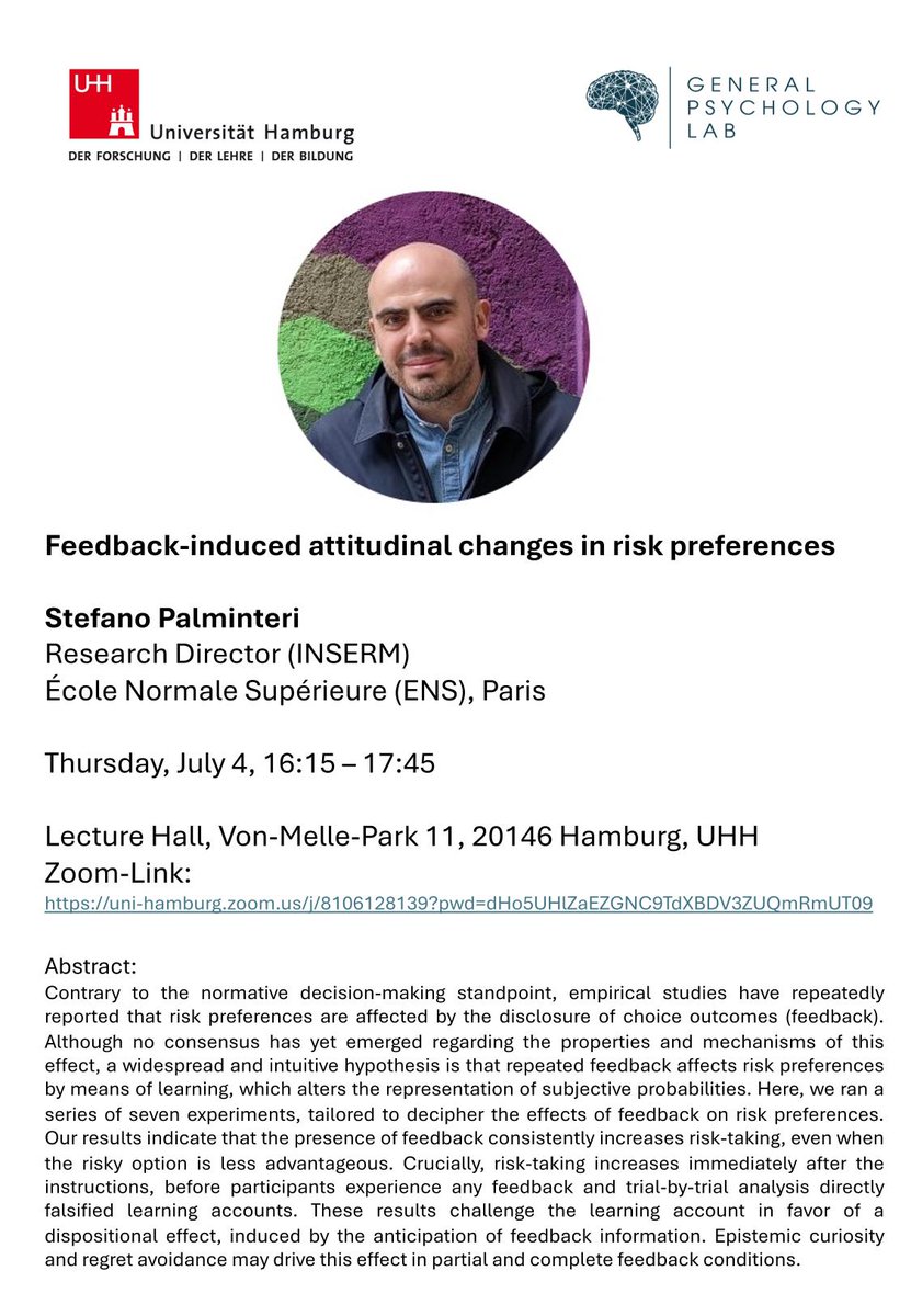 Cognitive Modelling & Decision Neuroscience (@cmdnlab) on Twitter photo We're thrilled to have <a href="/StePalminteri/">Stefano Palminteri (@stepalminteri.bsky.social)</a> + friends here with us for a week of scientific exchange and exploring rainy Hamburg. Join us for Stefano's talk on Thursday at 4:15pm at VMP11 or via Zoom. ☂️ We're thrilled to have <a href="/StePalminteri/">Stefano Palminteri (@stepalminteri.bsky.social)</a> + friends here with us for a week of scientific exchange and exploring rainy Hamburg. Join us for Stefano's talk on Thursday at 4:15pm at VMP11 or via Zoom. ☂️