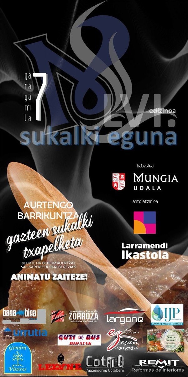 🍲 Sukalki Eguna Mungian! 🍲
🗓️ Uztailak 7 / 7 de julio
📍 Uriguen parkea
👉 Aurten gazteen Sukalki Txapelketa ere egongo da / Este año también habrá Campeonato Sukalki juvenil
Oinarriak / Bases ✍️ labur.eus/5QzzL