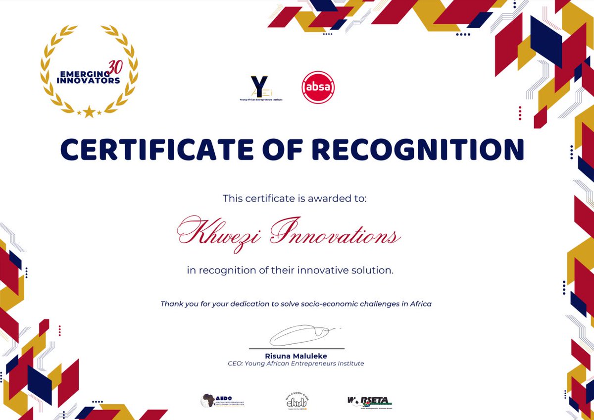 KhweziInno's tweet photo. Thrilled to Announce! 

Khwezi Innovations has proudly received the Certificate of Recognition for our innovative solution through the Emerging 30 Program. This accolade is a testament to our team's dedication, creativity, and hard work. 

@YAEINPC https://t.co/vPlkM9pGEw
