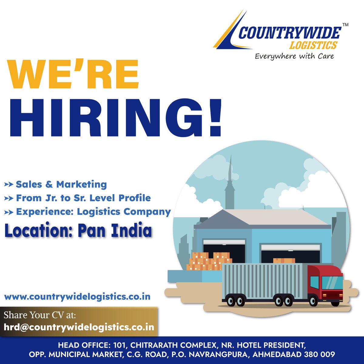 Countywide92501's tweet photo. We are Hiring "Jr. to Sr. Level Profile in Sales &amp; Marketing Department "!

Location : PAN India
Share your CV: hrd@countrywidelogistics.co.in

Countrywide Logistics India Pvt. Ltd.

#countrywide #logistics #logisticssuccess #hiring #candidates #job #jobpost #panindia https://t.co/MihMzQ69Ti