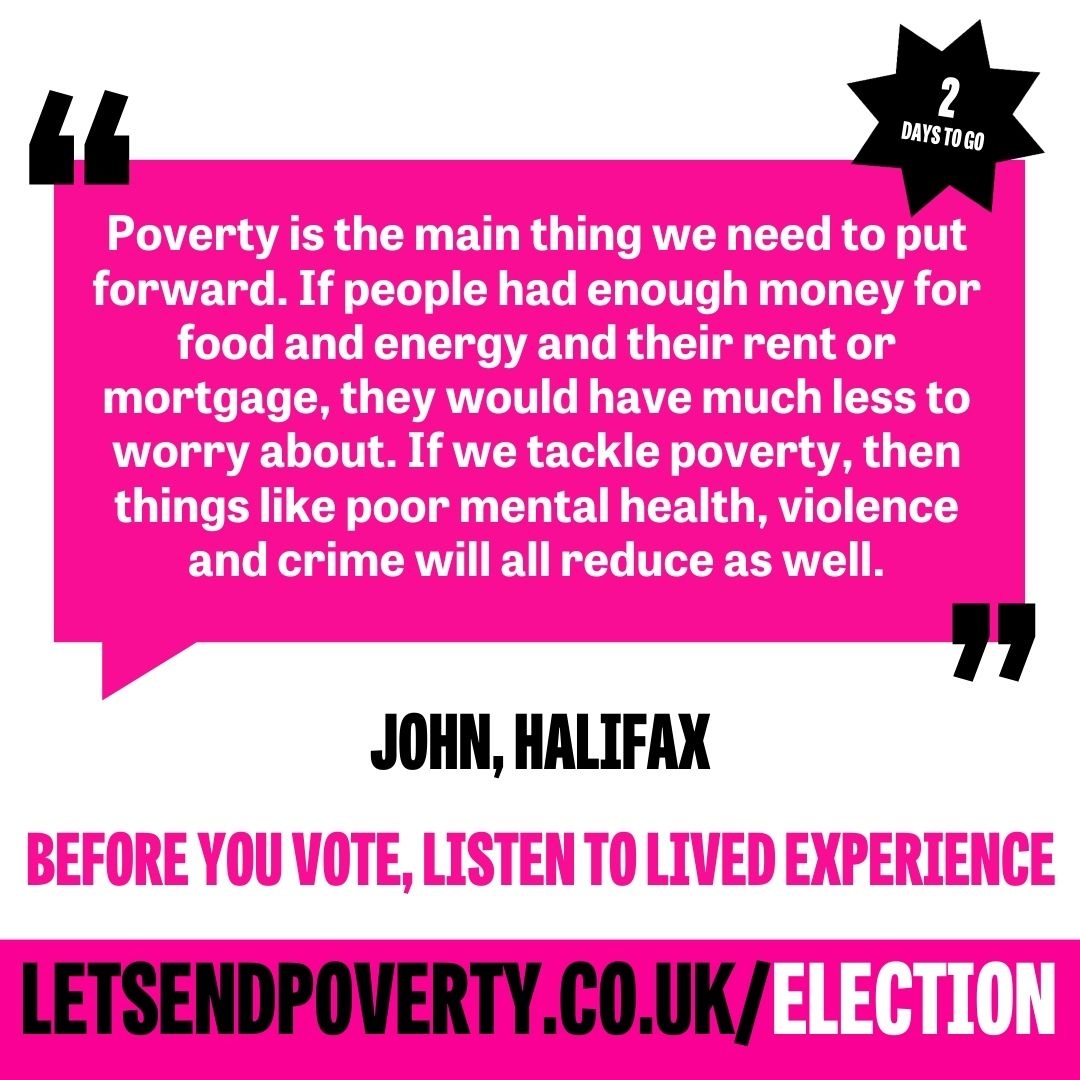 2 days to go until #GE2024! How are you getting ready to vote? Take time to listen to people on the frontline of poverty before you head to the ballot box. Explore Neighbourhood Voices from across the UK in our blog series: lght.ly/99gck3p #LetsEndPoverty