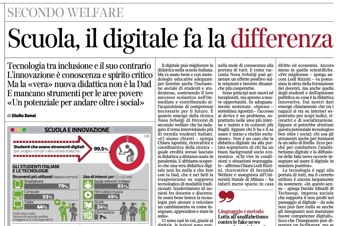 .<a href="/CorriereBN/">CorriereBuoneNotizie</a> propone un articolo di <a href="/giulsens/">Giulio Sensi</a> sul rapporto tra #scuola, #digitale e #inclusione sociale che approfondisce i contenuti della nostra ricerca Nova Schol@! Lo potete leggere sul <a href="/Corriere/">Corriere della Sera</a> di oggi!