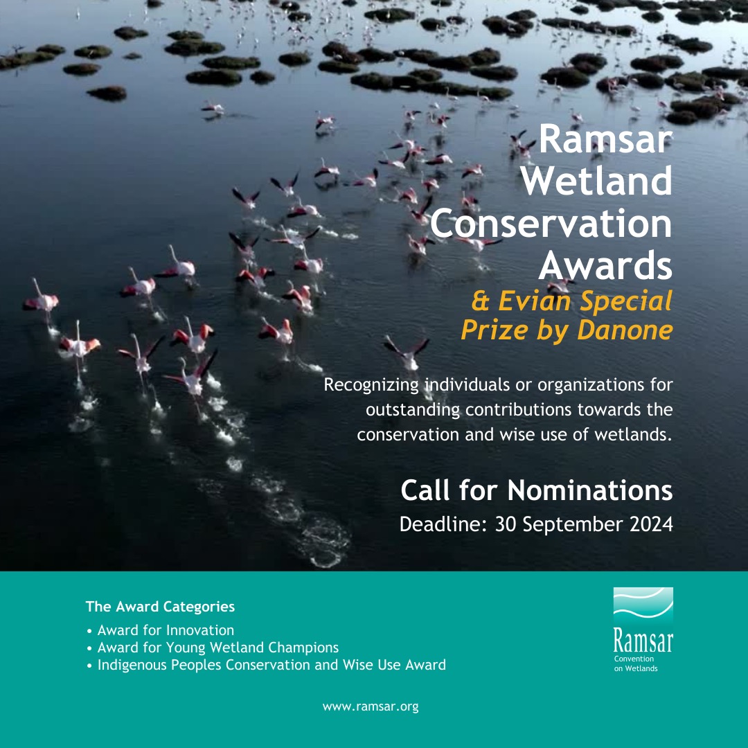 RamsarConv's tweet photo. The Convention on Wetlands invites nominations for the 9th Ramsar Wetland Conservation Awards and Evian Special Prize by @Danone. Award recipients will each receive USD 10,000!

✨ Deadline: 30 September 2024.

Apply today: https://t.co/249tgu2YBX https://t.co/InKjDa6N3y