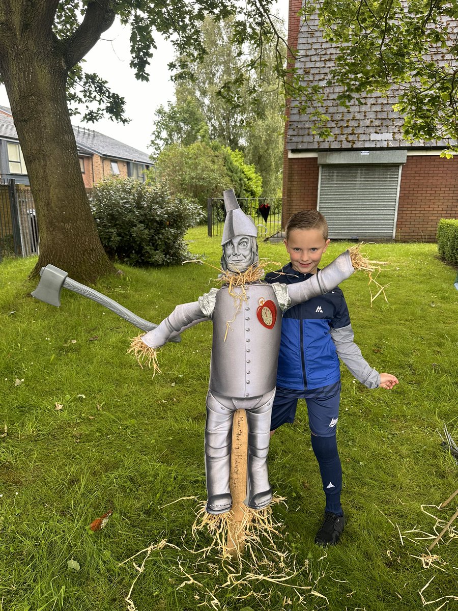 DellahPollock's tweet photo. Mason yr4 completed his Halewood University project by making a scarecrow for the Halewood Culturefest trail, located at St Marys church.  As part of the eco warrior team, Mason also ensured he recycled the materials from his first world book day costume @halewoodcofe https://t.co/czddo5JTBl