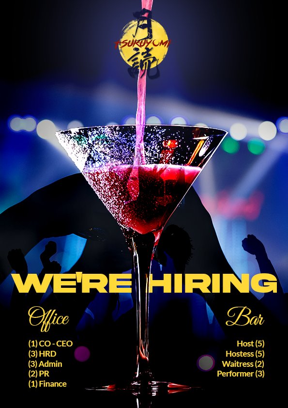 ㅤ
ㅤ
𝐓𝐒𝐔𝐊𝐔𝐘𝐎𝐌𝐈 𝐇𝐈𝐑𝐈𝐍𝐆!!!

We are currently looking for some people who like to have fun at night to fill up the available positions below.

For futher information please contact :    
<a href="/gxeneric/">OWPEACE.</a> <a href="/CHROMANTlC/">刘、𝐀𝐓𝐇𝐀𝐍𝐀𝐒𝐈𝐔𝐒.</a>
ㅤ
ㅤ