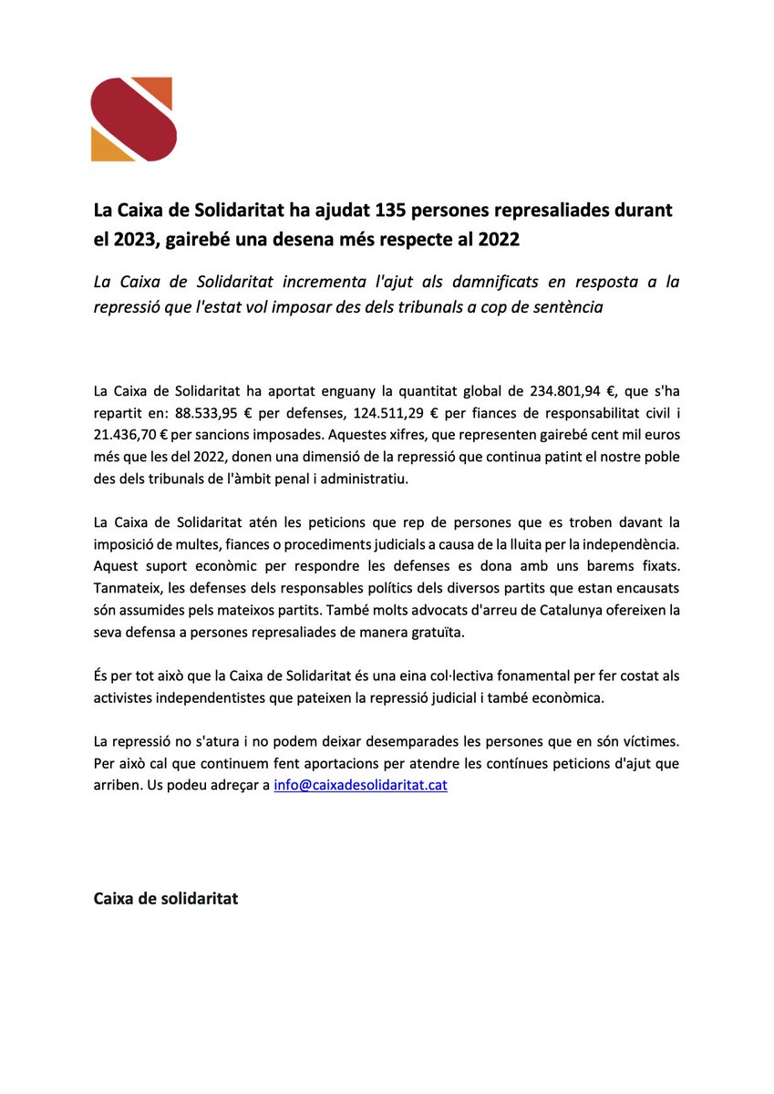 🔴La Caixa <a href="/DeSolidaritat/">Caixa de Solidaritat</a> ha ajudat 135 persones represaliades durant el 2023, gairebé una desena més que el 2022.

❗️ Una repressió que no s’atura, és permanent contra la dissidència i no dubta a usar les togues per imputar delictes de terrorisme.