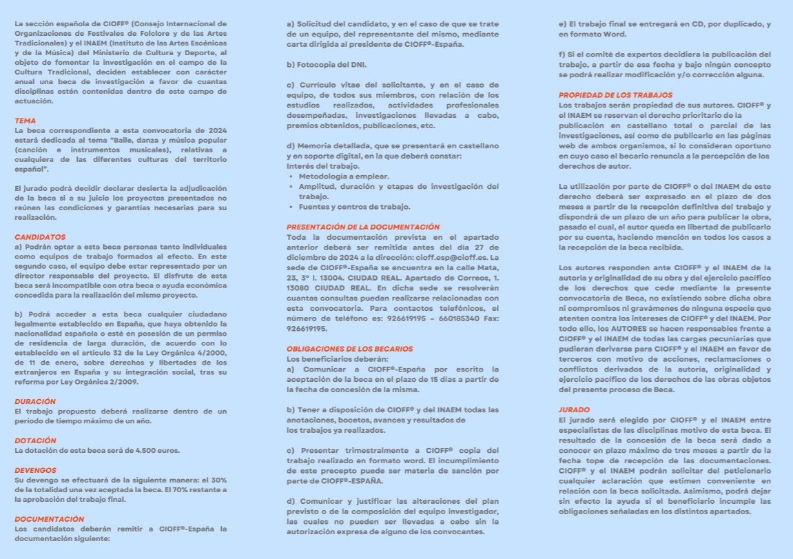 Cioff_Esp's tweet photo. CONVOCADA LA XXXII BECA DE INVESTIGACIÓN EN FOLKLORE 2024
Una año mas CIOFF-ESPAÑA e INAEMM convocan la XXXII Beca de Investigación en Folklore 2024.
Los proyectos se pueden presentar hasta el 27 de diciembre de 2024.
#cioff https://t.co/bp6PQSPpTY