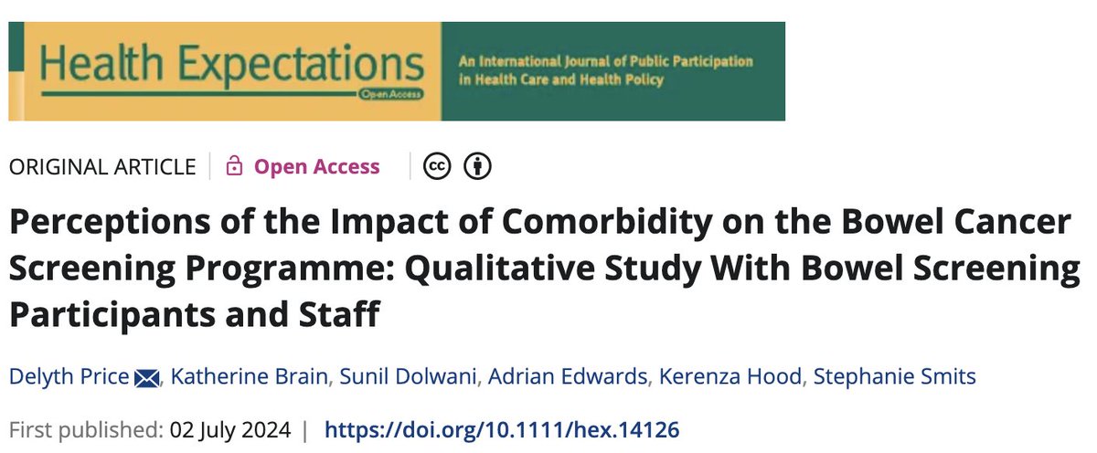 Delyth Price (she/her) (@price_delyth) on Twitter photo Our latest paper, exploring the impact of comorbidity on bowel screening perceptions, experiences and clinical decision making, published today 👇
dx.doi.org/10.1111/hex.14…
<a href="/Katebrain/">Kate Brain</a> <a href="/SDolwani/">Sunil Dolwani</a> <a href="/adriangkedwards/">adrian gk edwards</a> @kerryhood @StephSmits1 <a href="/PRIMECentre/">PRIME Centre Wales</a> <a href="/DPMRes/">DPM</a> Our latest paper, exploring the impact of comorbidity on bowel screening perceptions, experiences and clinical decision making, published today 👇
dx.doi.org/10.1111/hex.14…
<a href="/Katebrain/">Kate Brain</a> <a href="/SDolwani/">Sunil Dolwani</a> <a href="/adriangkedwards/">adrian gk edwards</a> @kerryhood @StephSmits1 <a href="/PRIMECentre/">PRIME Centre Wales</a> <a href="/DPMRes/">DPM</a>