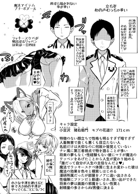 小豆沢 猪右衛門(おまめさわ いえもん)君。
名前はともかく地味なモブ。
顔すら省略されるくらい影が薄いが、心の声はなろうの主人公くらい多い。
ラッキースケベが訪れる魔法アイテムをもらってから人生変わっちゃうお話。 