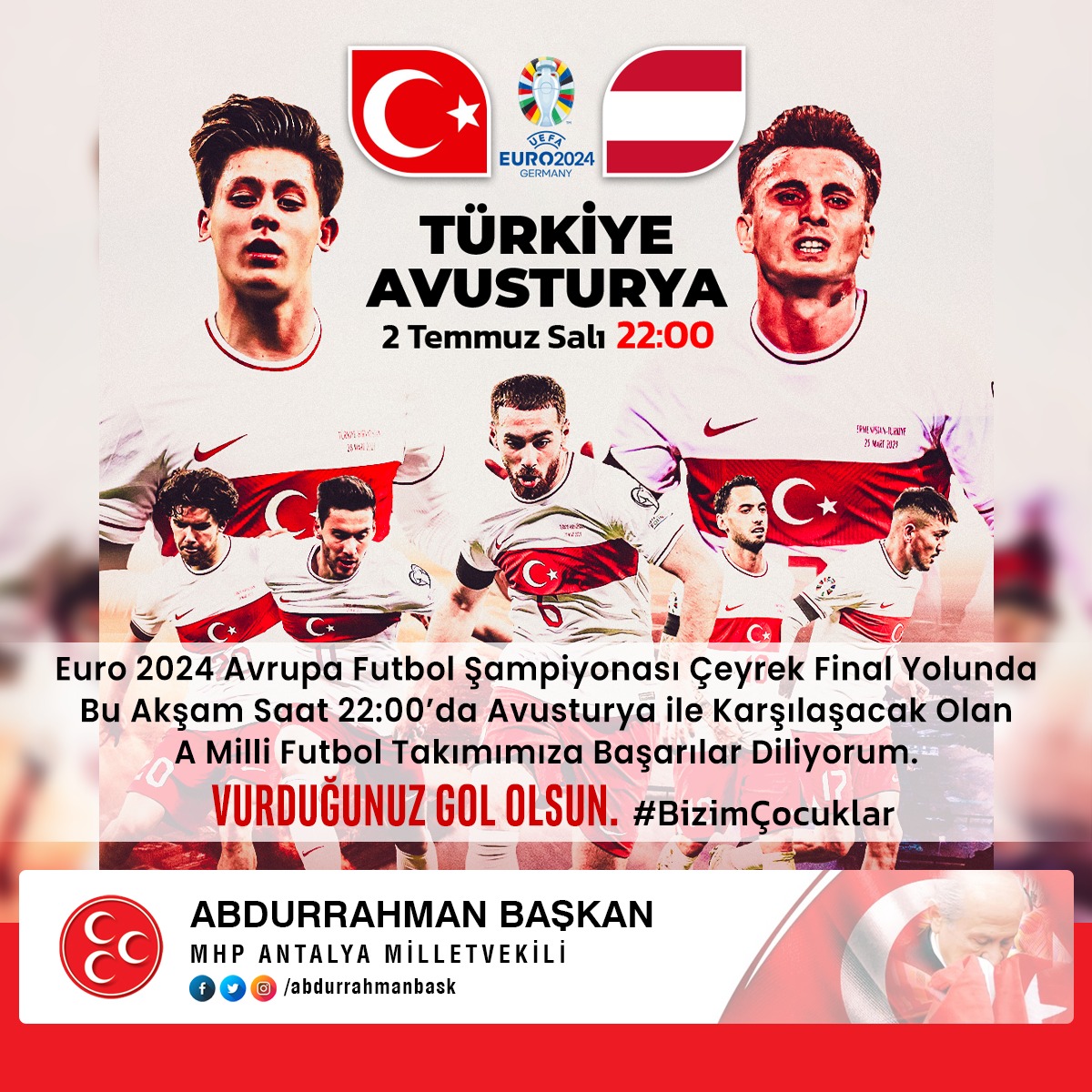 abdurrahmanbask's tweet photo. #Euro2024 #Avrupa Futbol Şampiyonası çeyrek final yolunda bu akşam saat 22:00’da Avusturya ile karşılaşacak olan #AMilliFutbol Takımımıza başarılar diliyorum.
#VurduğunuzGolOlsun
#BizimÇocuklar https://t.co/P5EY2bdXzS