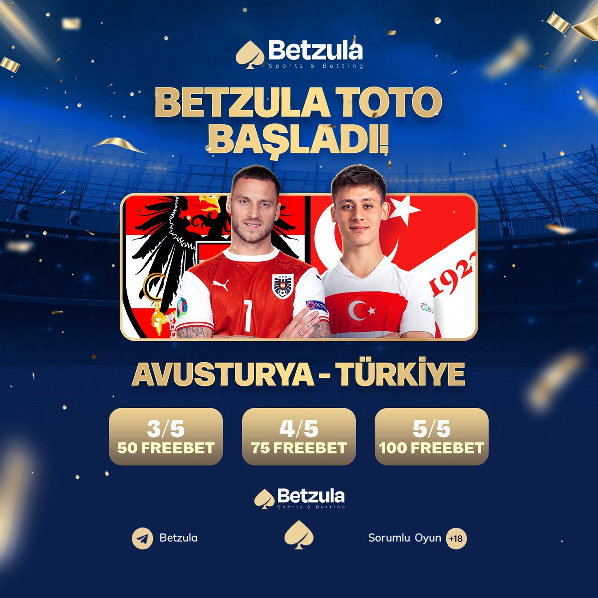 🏆Betzula Şanslı Toto Etkinliği!

⚽️ #Avusturya - #Turkiye #BizimÇocuklar 
 
👉3 Doğru tahmin 50 FB
👉4 Doğru tahmin 75 FB
👉5 Doğru tahmin 100 FB

✅Rt At, Beğen, #Betzula hastagi ve K. Adın ile beraber yorum yap.

‼️ betzula.gmdy.link adresinden katılım yapabilirsiniz!