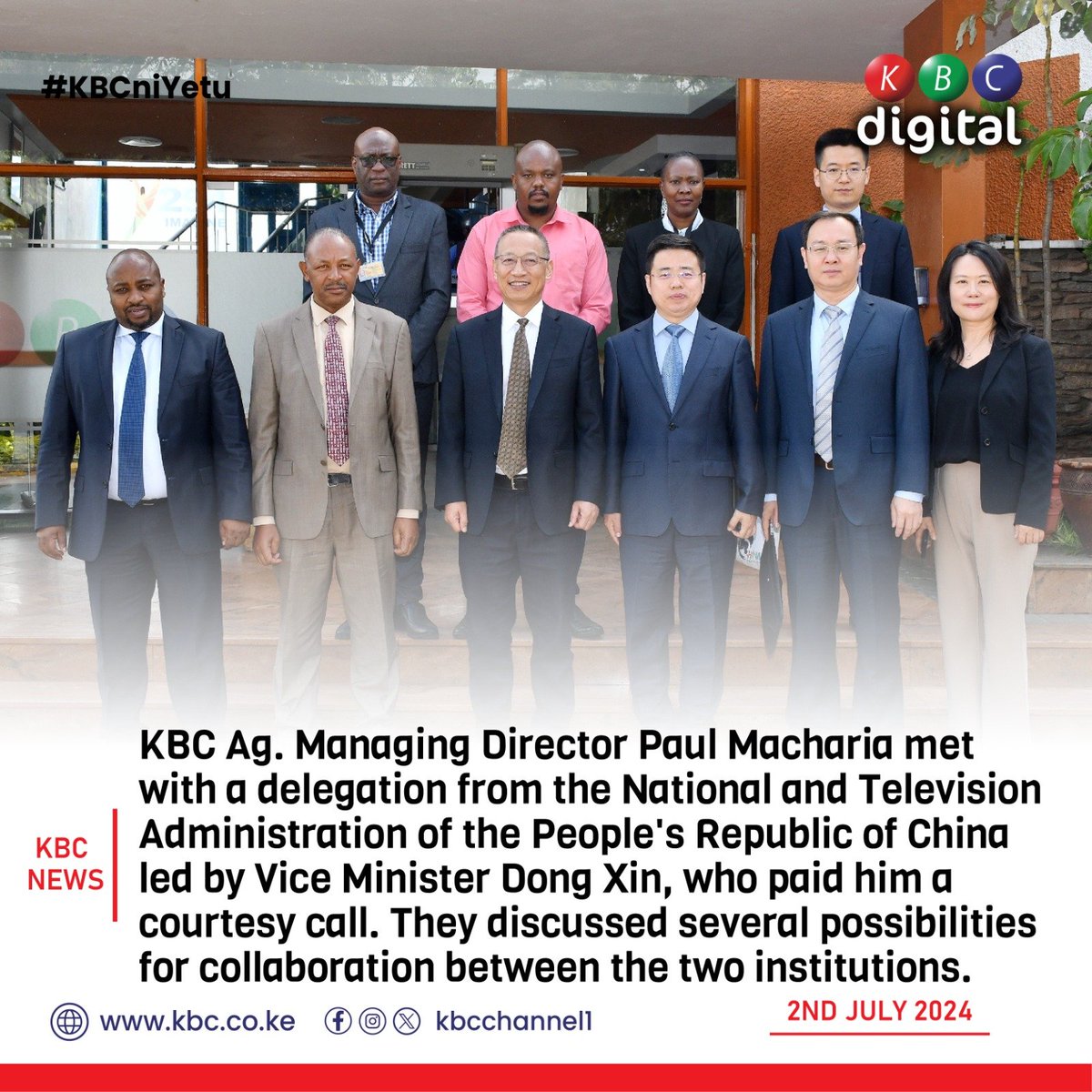 KBCChannel1's tweet photo. KBC Ag. Managing Director Paul Macharia met with a delegation from the National and Television Administration of the People's Republic of China led by Vice Minister Dong Xin, who paid him a courtesy call.
#KBCniYetu ^RO https://t.co/rFO6aEPXcl