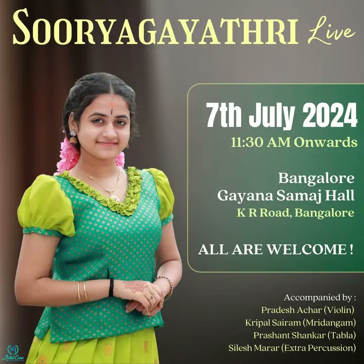 shan_bally's tweet photo. Sooryagayathri is singing on the 7th of July at Gayana Samaja, Bengaluru on the occasion of centenary celebrations of M A #Naramsimhachar Music Foundation. 

@sooryagayathari

#sooryagayathri #carnaticmusic #devotional #Bengaluru #classical #carnatic #concert https://t.co/RzjVLDJLfh