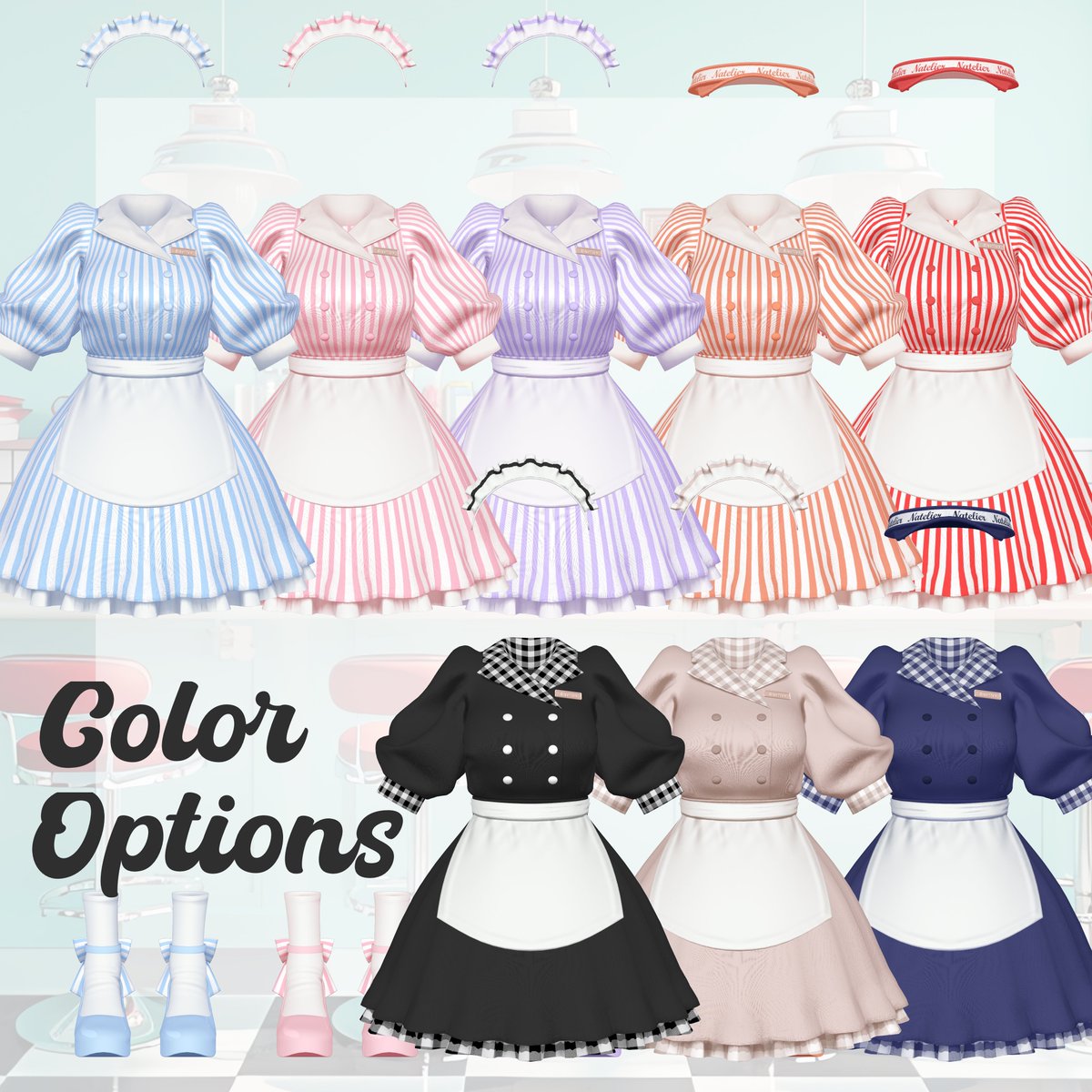 natori3dcg's tweet photo. 新作販売前のギフト企画です！🎁
Natelier #ナトリエ から近日発売予定の『ダイナーユニフォーム』を抽選で5名の方にプレゼントいたします🍔🍿

📌条件
・本アカウント(@natori3dcg)をフォロー
・本投稿をリポスト

📌応募期限
販売準備ができるまで

📌発売日
今週木・金曜日あたりを予定

📌対応アバター
森羅/マヌカ/萌/桔梗/セレスティア/シフォン/ライム/ラシューシャ/しお
