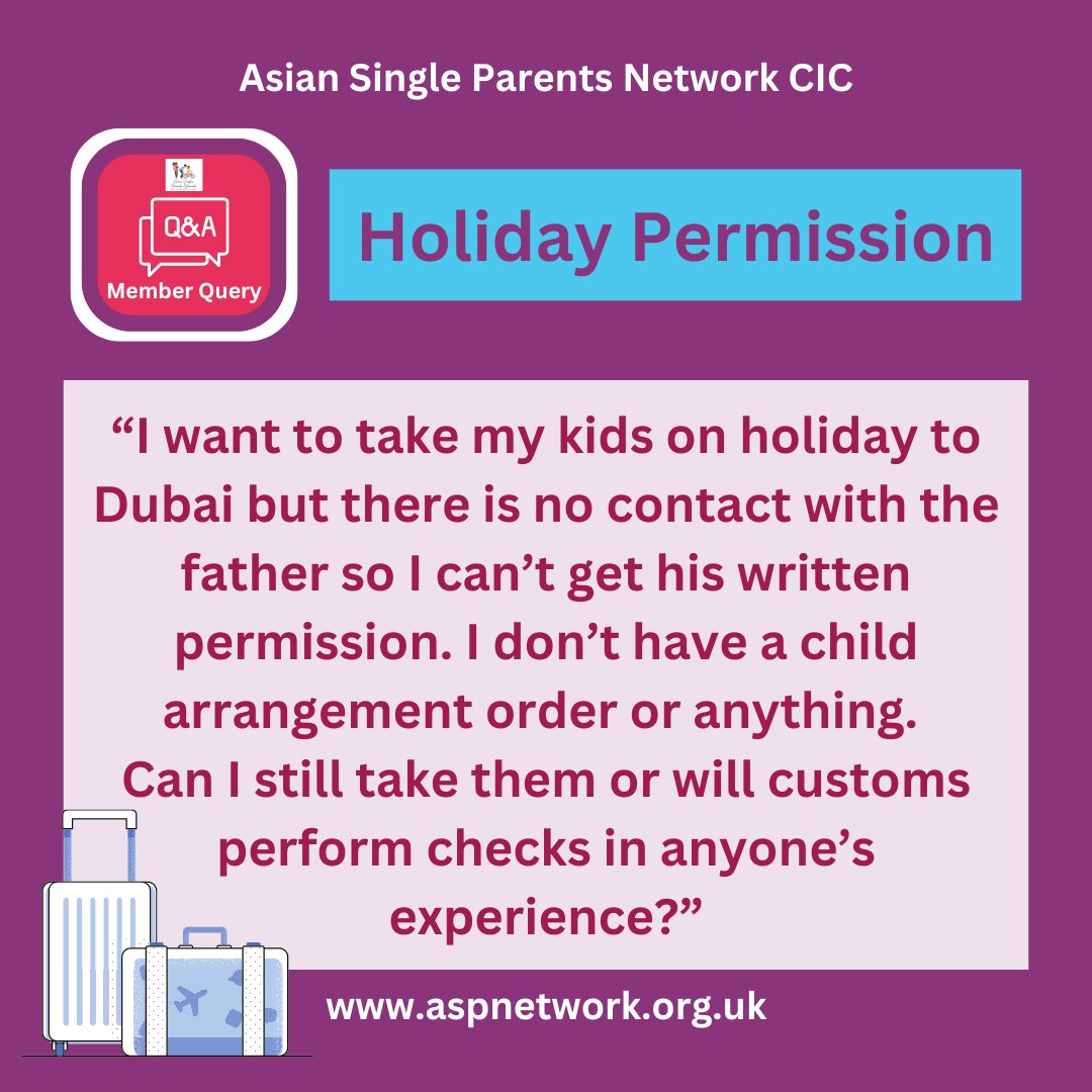 Asian Single Parents Network CIC (@asiansinglepar1) on Twitter photo Do you need permission to take your child abroad? ✈️
Our members have provided some helpful advice to the latest Member Query and we've also linked to a legal perspective video from <a href="/EtheringtonMarc/">Marc Etherington</a>, Family Lawyer.
View the responses on our website - aspnetwork.org.uk/member-query-h… Do you need permission to take your child abroad? ✈️
Our members have provided some helpful advice to the latest Member Query and we've also linked to a legal perspective video from <a href="/EtheringtonMarc/">Marc Etherington</a>, Family Lawyer.
View the responses on our website - aspnetwork.org.uk/member-query-h…