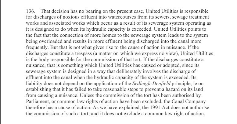 The <a href="/UKSupremeCourt/">UK Supreme Court</a> holds that United Utilities can in principle be liable in tort for discharging sewage into the Manchester Ship Canal. Significant case on tort, but also on interaction regulatory legislative frameworks &amp; common law claims, and remedies
supremecourt.uk/cases/docs/uks…