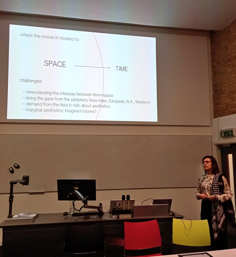 MariamAboelezz's tweet photo. @KristyChatz @feliciambc Felícia Campos talks us through the theory behind her research, addressing the overlap between concepts of space and time in explaining "futurity". https://t.co/ZE9eWCpd8B