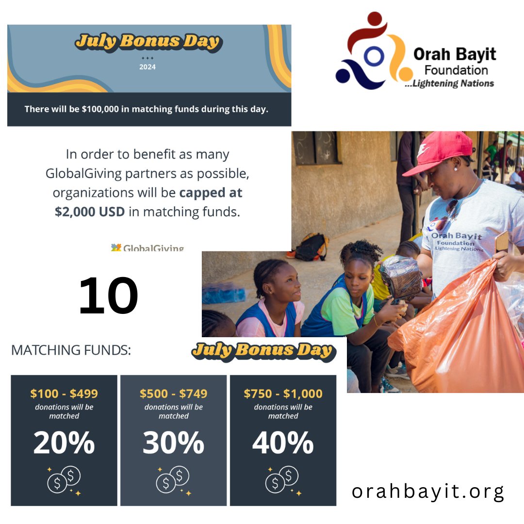 orahbayitfound1's tweet image. Mark your calendars! 
July 10. Your acts of kindness can make a difference! When you donate, @GlobalGiving will match your generosity. Together, we can empower girls through Sports #julybonus #playandexcel #sports #charity #community 
lght.ly/kkj6l88