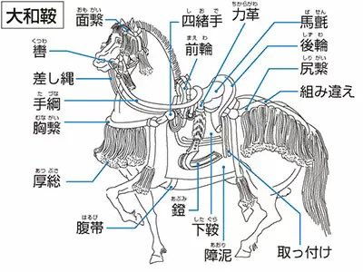 和式馬具フル装備 鐙あぶみは舌長鐙、下鞍を二枚（切付、肌付）、汚れ