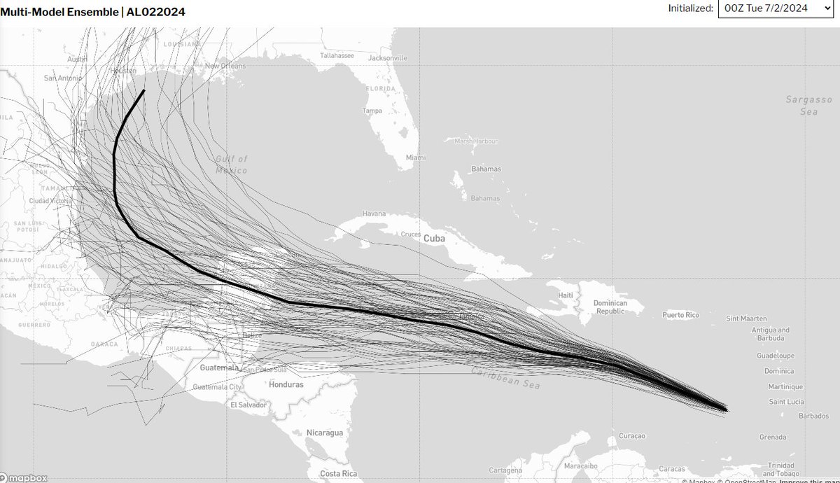 After #Beryl impacts the Yucatan Thursday night and Friday, hopefully as a weaker hurricane, more and more guidance starts to turn it north once it reemerges over the Bay of Campeche on Saturday.  Even though some guidance has Beryl a TS at this point, some keeps it as a