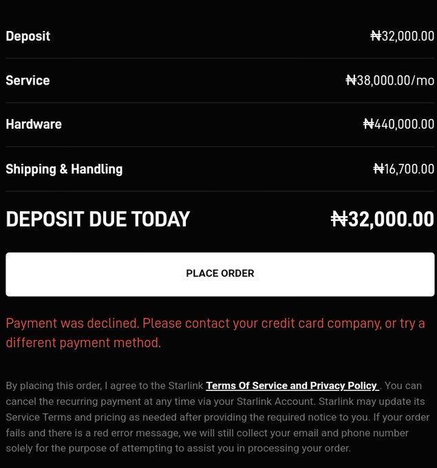 SlyAdetox's tweet photo. @Starlink Dear
@Starlink
I have been trying to purchase from Nigeria and I am receiving this error, I have tried other bank cards which gave the same errors and also visited my bank where I was told nothing is wrong with my card.  Pls help look into this https://t.co/9QMxKxjMnt