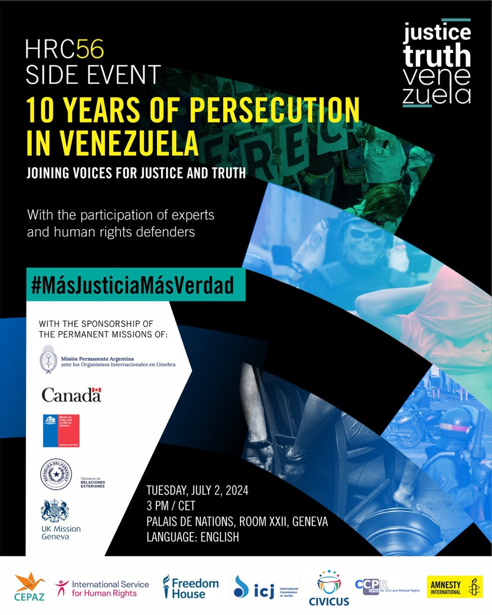 ISHRglobal's tweet photo. 📢 Today at 3 PM CET at #HRC56: join us for the #side_event ‘10 Years of Persecution in Venezuela’ at Palais des Nations, Room XXII.
👉 More on ISHR's campaign: https://t.co/ck06x6DcZG https://t.co/9g6teICCwm